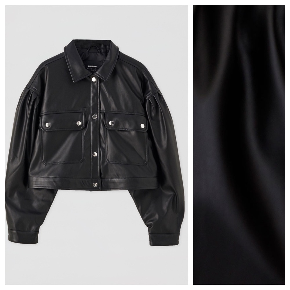 NWT. Pull & Bear Black Faux Cropped Jacket with Puff Sleeves. Size M.